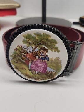 Vintage Burgundy Leather Belt with Scenic Enamel Buckle